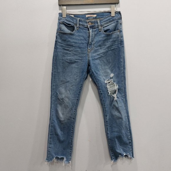 Levi's 724 High Rise Straight Jeans Indigk Pixel Medium Wash Distressed Size 28 - Picture 2 of 8